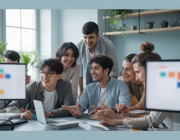Jóvenes profesionales colaborando con ordenadores en un espacio de trabajo de Cantabria