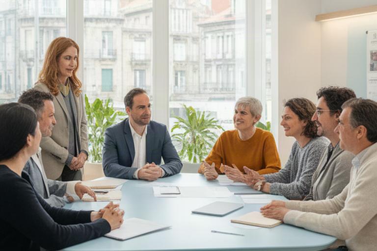 Equipo de atención ciudadana reunido en una oficina luminosa de Santander
